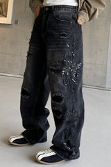 Black Washed Graffiti Faux Ripped Relaxed Straight Jeans