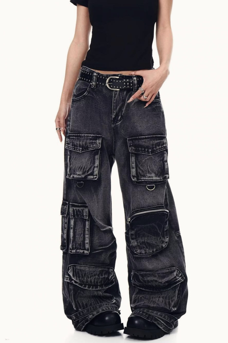 Distressed Washed Utility Multi Pocket Loose Jeans Main image