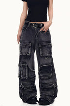 Distressed Washed Utility Multi Pocket Loose Jeans