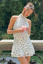White Polka Dot Halter Backless A Line Mini Dress