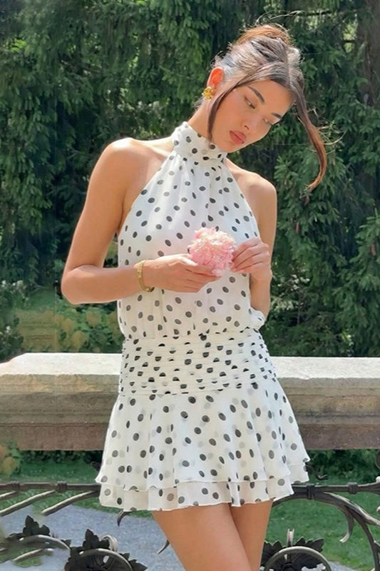 White Polka Dot Halter Backless A Line Mini Dress