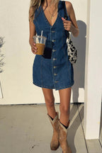 Button Front Tie Back Denim Mini Dress
