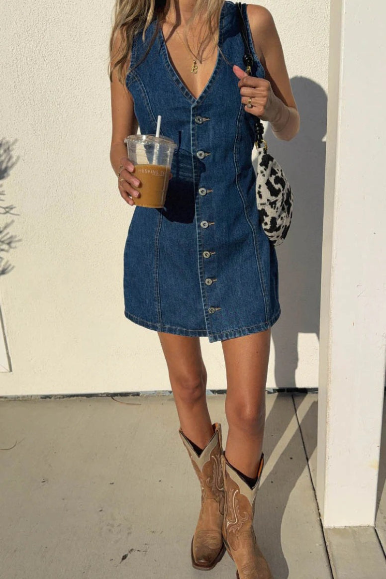Button Front Tie Back Denim Mini Dress