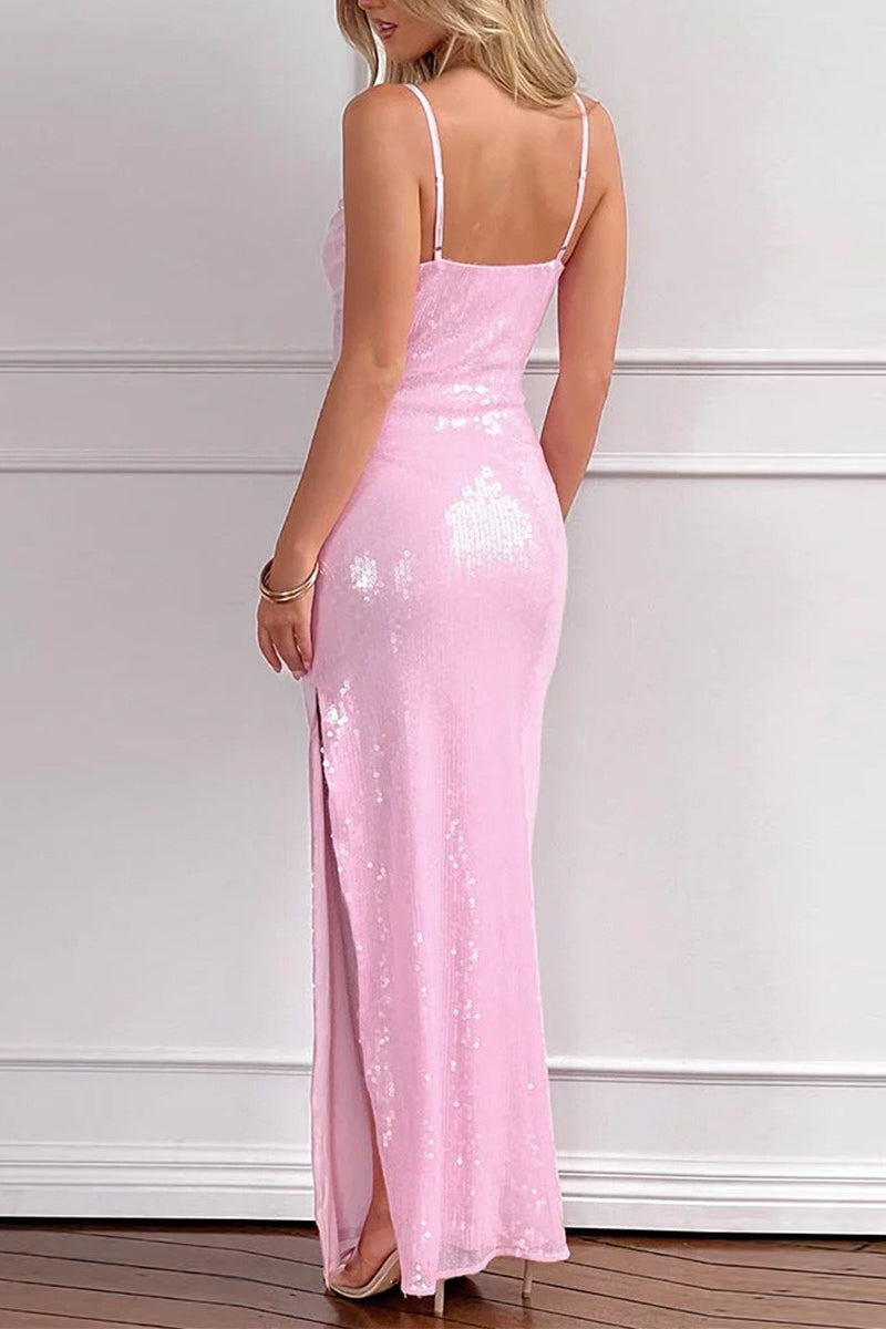 Pink Sequin V-Neck Slit Party Dress Secondary image