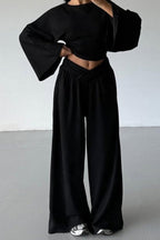 Casual Cinched Waist Flared Sleeve Top Palazzo Pants Set