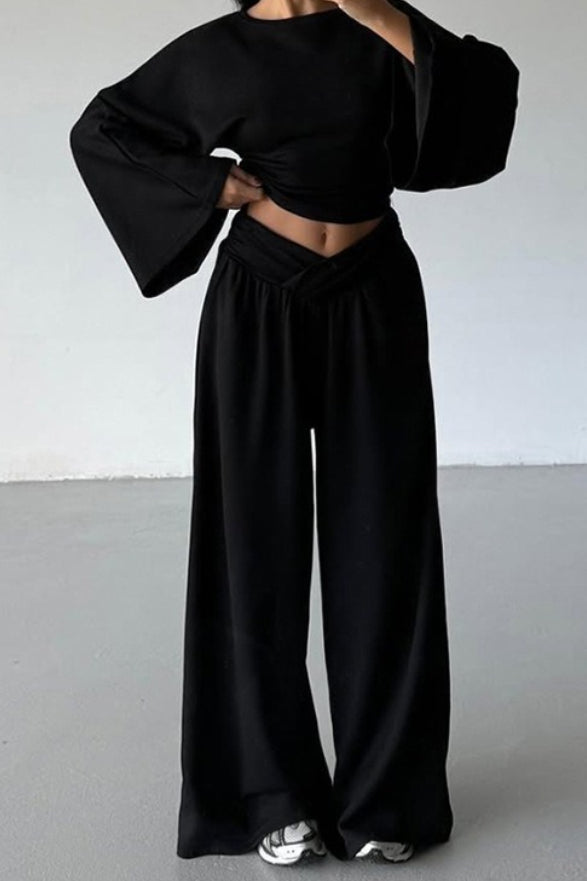 Casual Cinched Waist Flared Sleeve Top Palazzo Pants Set