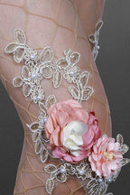 Embroidered Flower Pearl Nude Fishnet Tights
