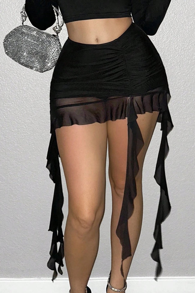 Black Sexy Ruched Mesh Ruffle Hem Skirt Main image