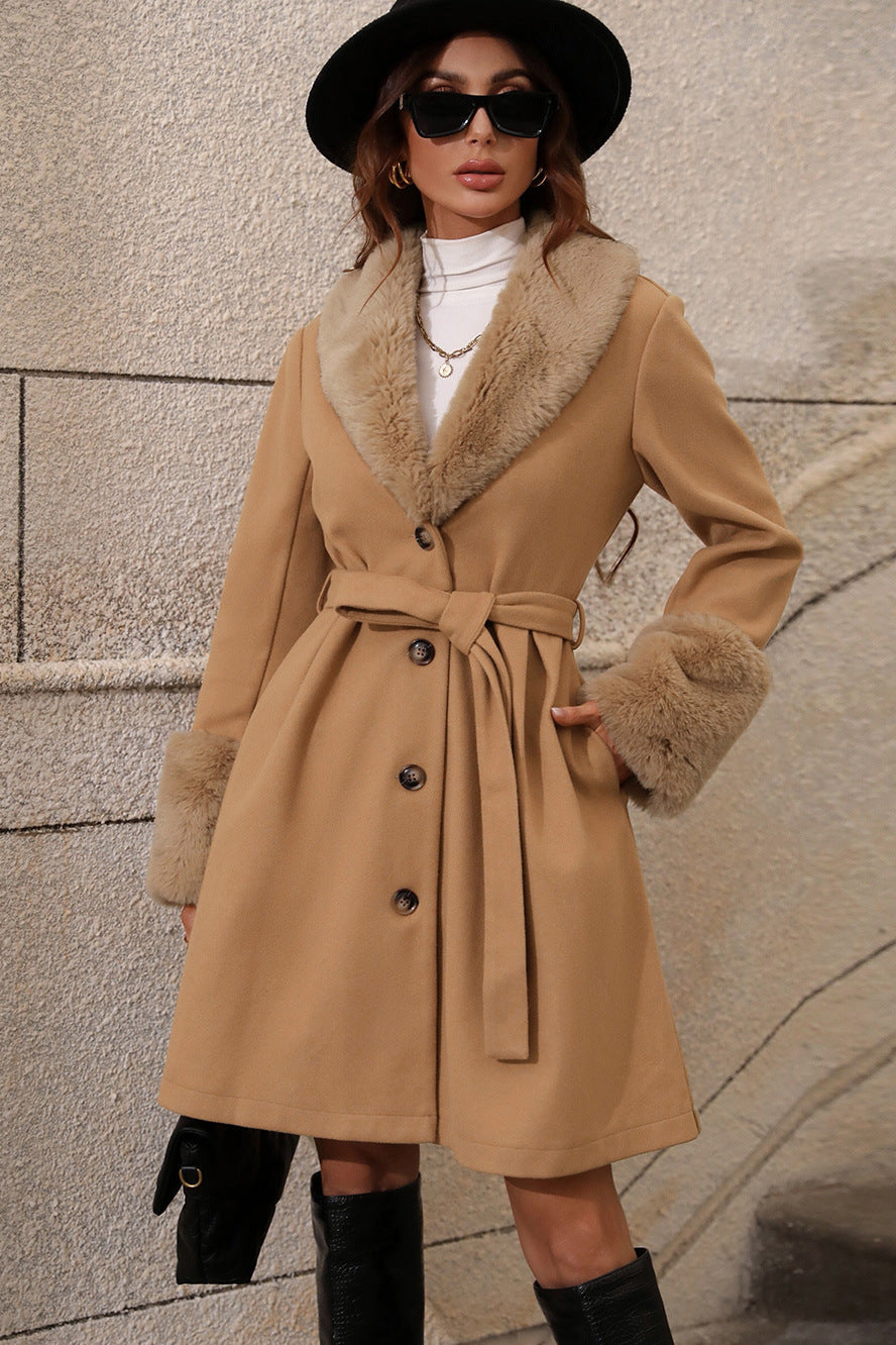 Fur Collar Belted Midi Trench Coat Secondary image