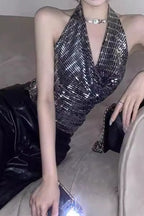 Sequin Halter Backless Halter Top