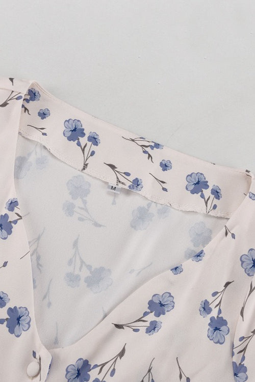Asymmetric V Neck Flare Sleeve Floral Dress