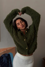 Solid Color Button-Up Faux Fur Knit Sweater