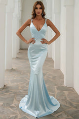 V Neck Back Tie Mermaid Formal Dress XS / Blue