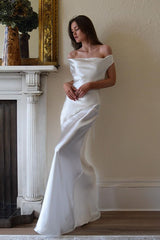 Satin Off Shoulder Backless Tie Waist Slim Fit Long Sexy Prom Dress