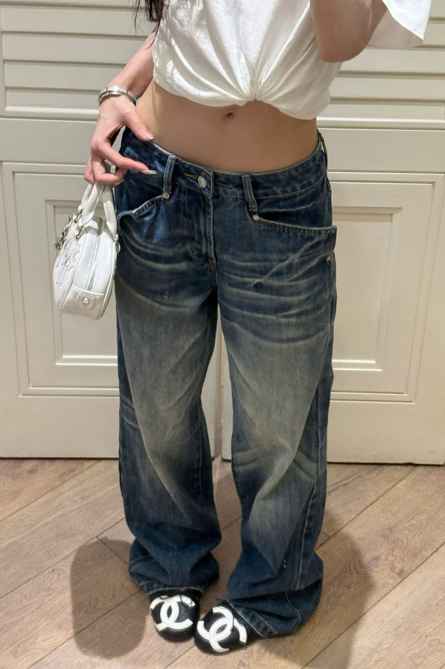 Blue Low Rise Washed Relaxed Straight Jeans Main image
