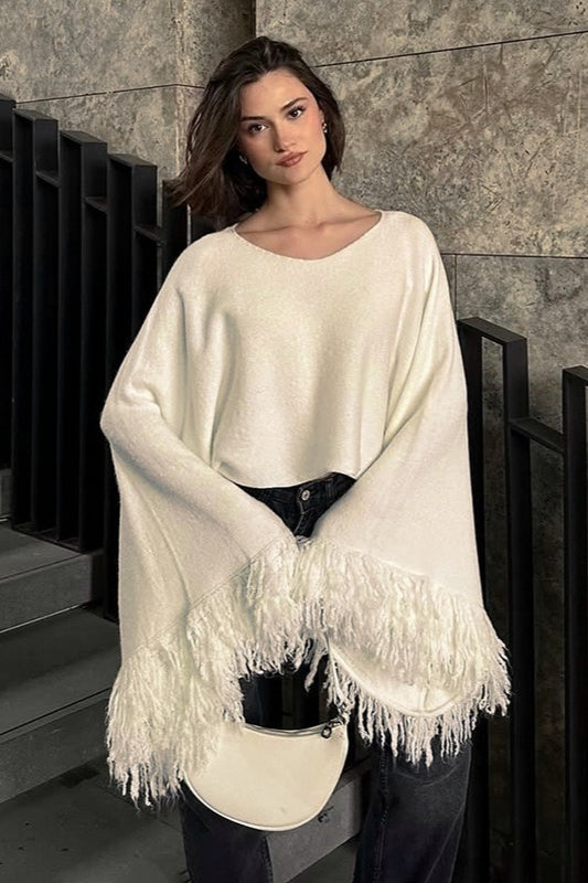 Cropped Fringe Oversized Long Sleeve Sweater Main image