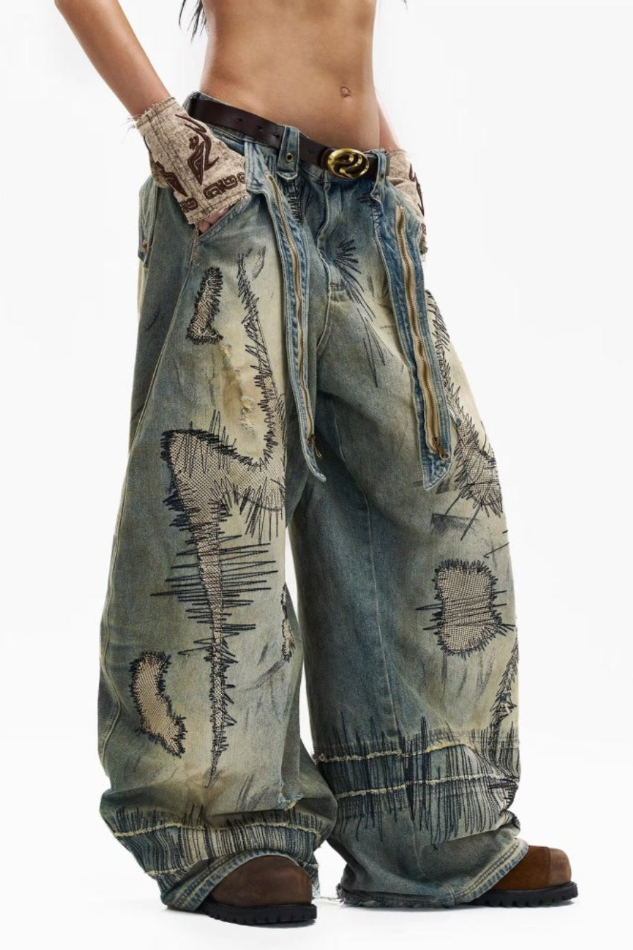 Distressed Stitch Embroidered Baggy Barrel Jeans