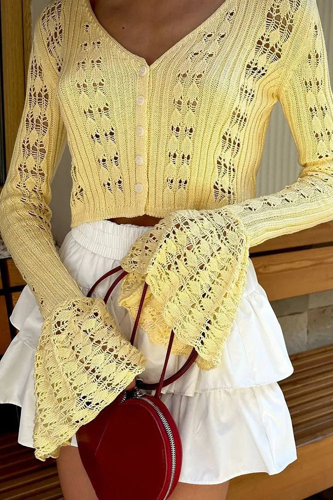 Hollow Out Knit V Neck Long Sleeve Cardigan Yellow / S
