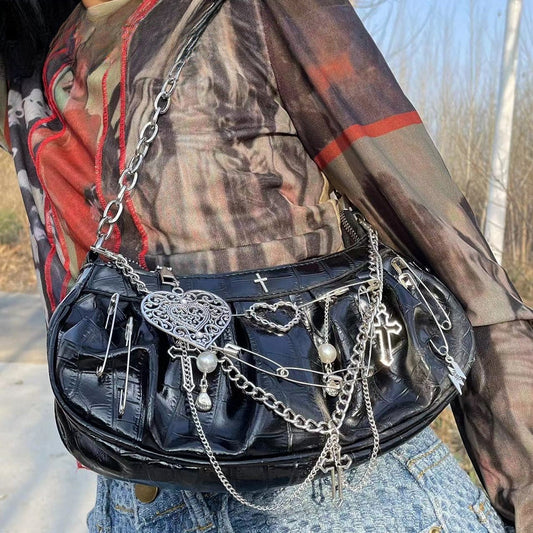 Y2K Hip Tote Rock Hop Metal Crossbody Underarm Gothic Punk Shoulder Harajuku Bag