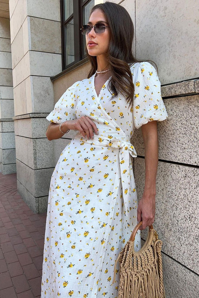 Cotton Printed V Neck Puff Sleeve Floral Dress Main image