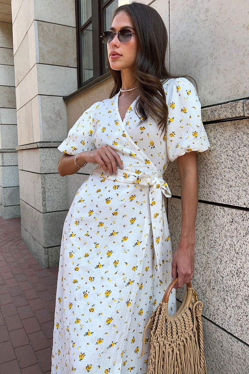 Cotton Printed V Neck Puff Sleeve Floral Dress