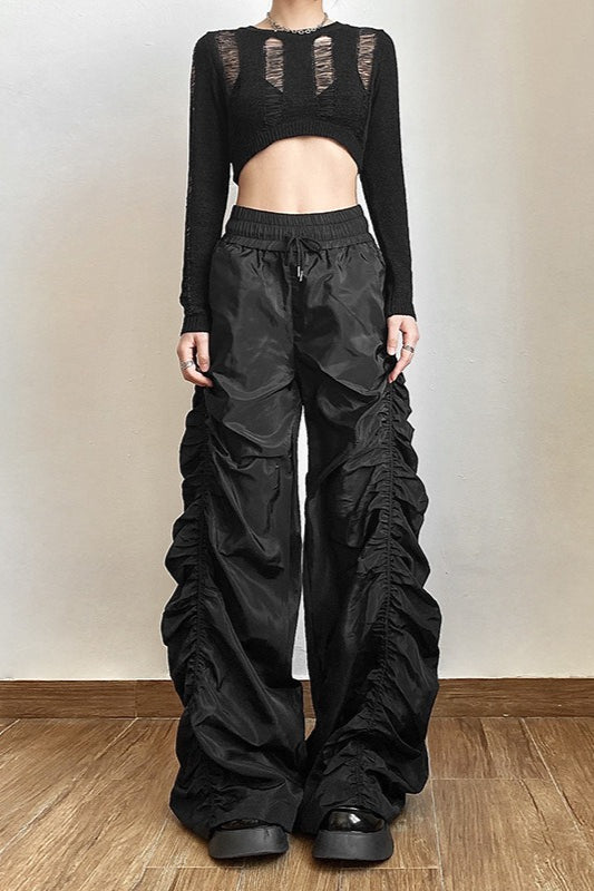 Ruched Wide Leg Drawstring Streetwear Pants