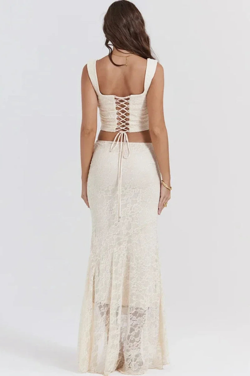 Elegant Lace-Up Crop Top & Maxi Skirt Boho Dress Secondary image