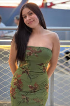 Strapless Printed Slit Double Layer Floral Dress