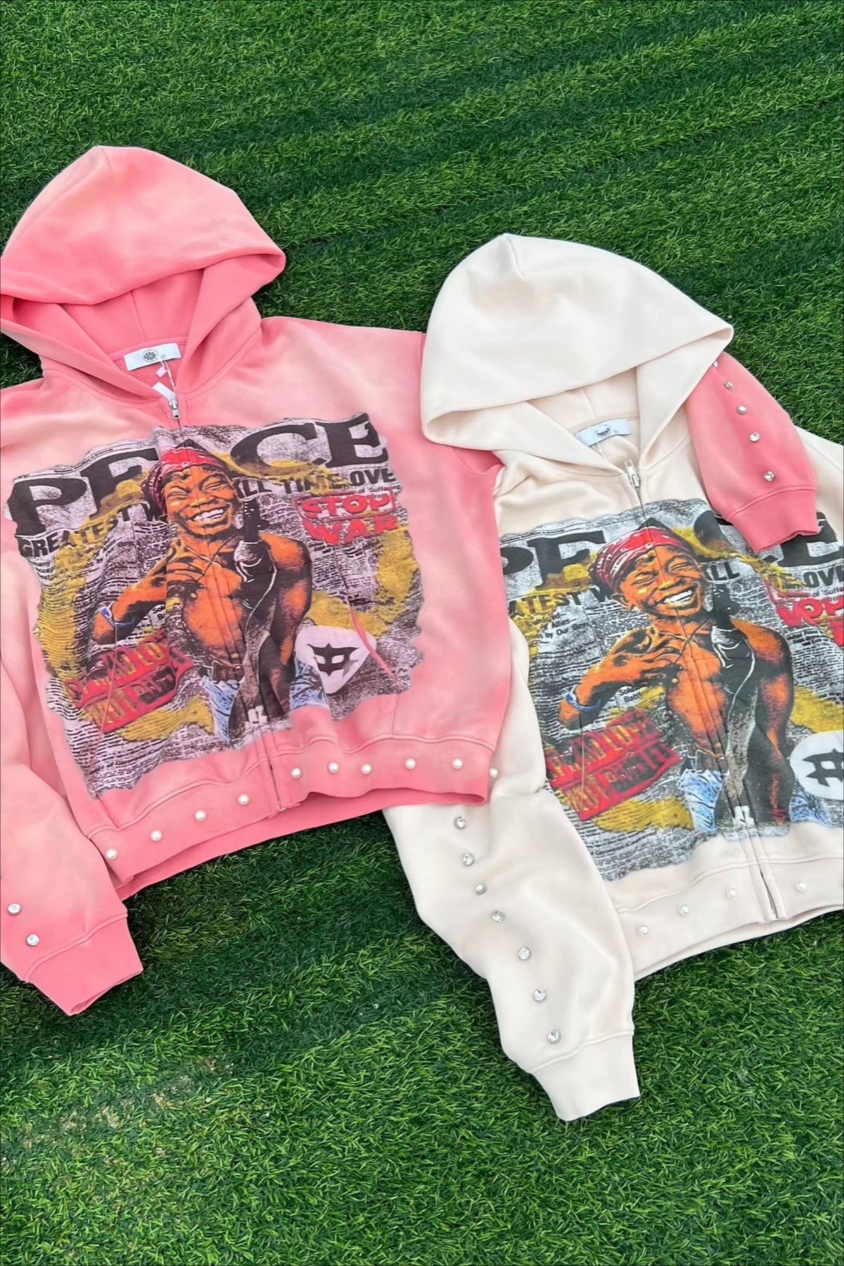 Rhinestone Graphic Zip Up Hoodie
