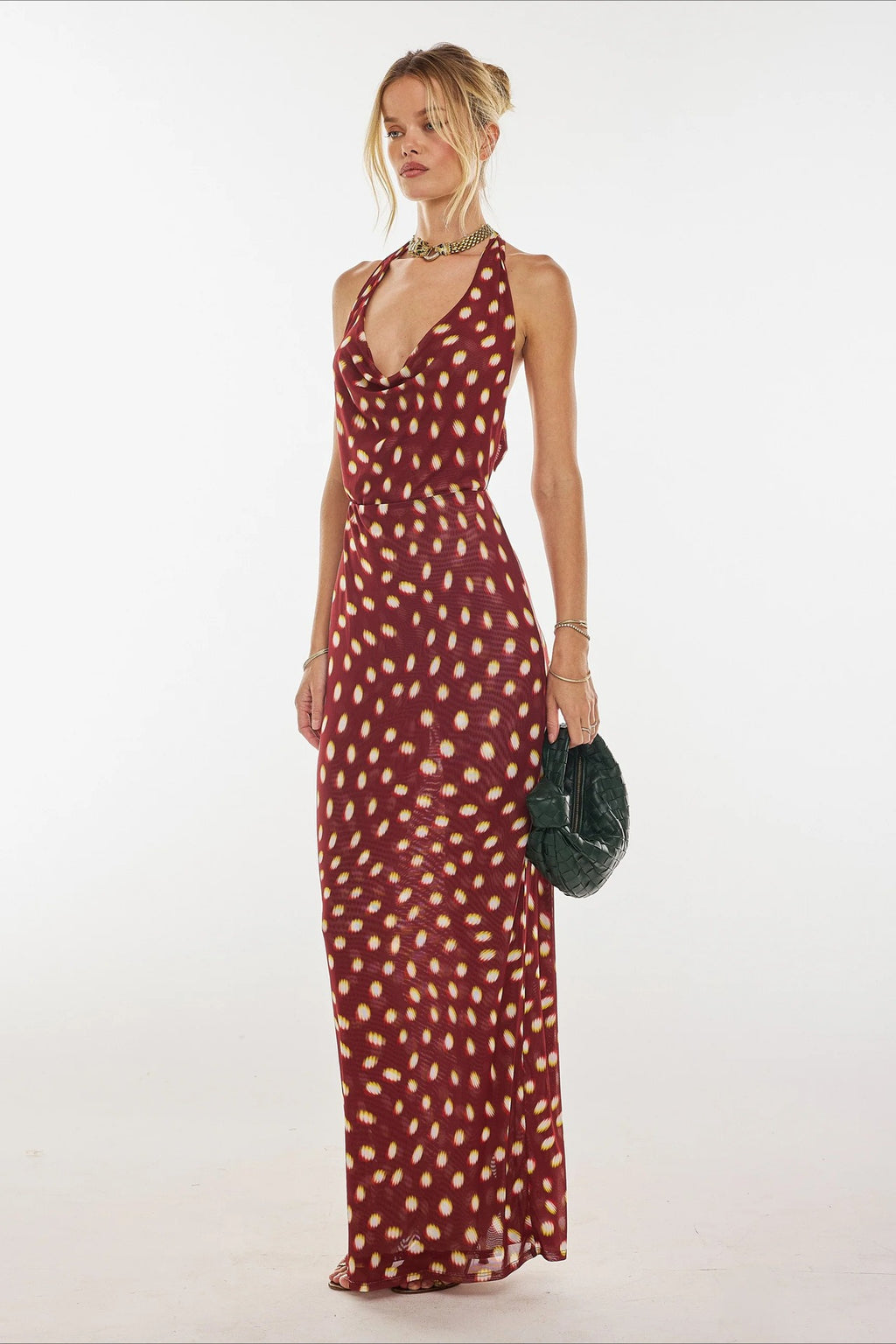 Red Polka Dot Halter Waist Cinched Maxi Dress