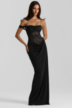 Solid Lace Panel Bodycon Formal Dress S / Black