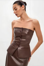 PU Leather Single Breasted Strapless Bustier Tube Top