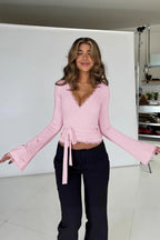 V Neck Lace Trim Bodycon Long Sleeve Tee