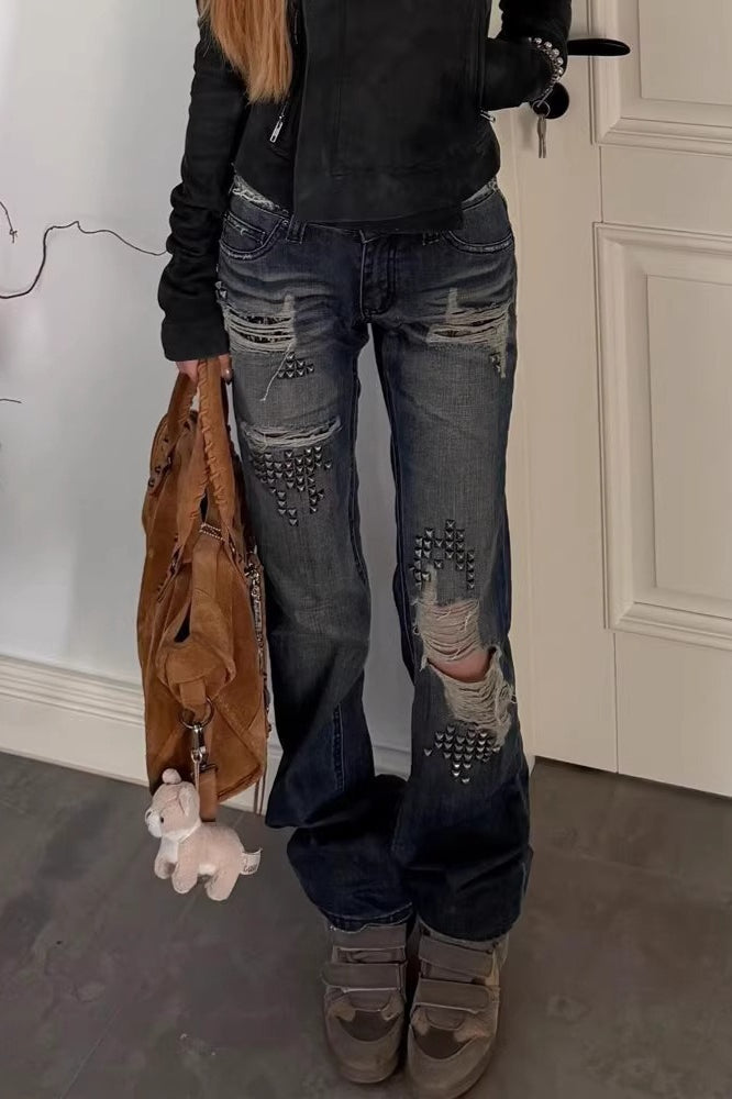 Studded Ripped Flared Vintage Wash Jeans