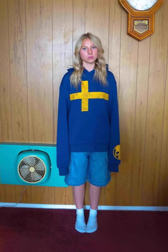 Blue Cross Graphic Washed Pullover Hoodie
