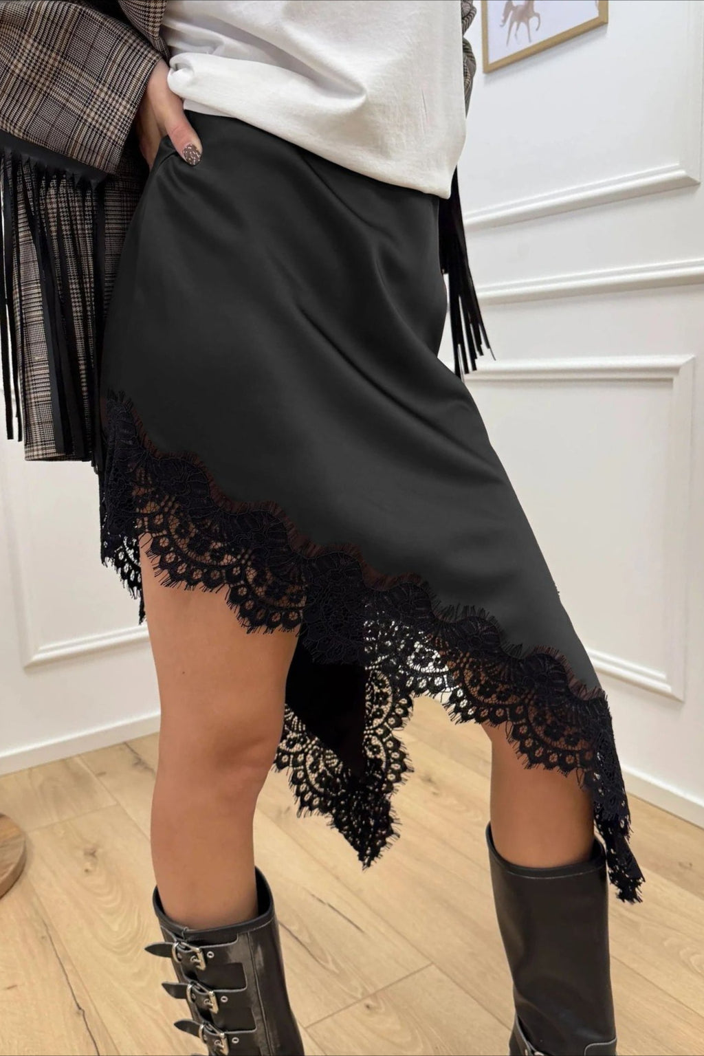 Satin Lace Asymmetric Split Slim A-Line Mini Skirt