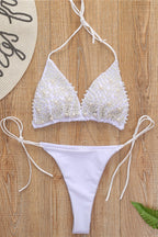 Pearl Decor Halter Triangle Lace Up Bikini Set