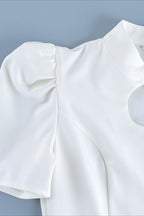 Keyhole Puff Sleeve Asymmetric Peplum Blouse