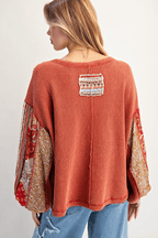 Waffle Knit Patchwork Sleeve Sweatshirt