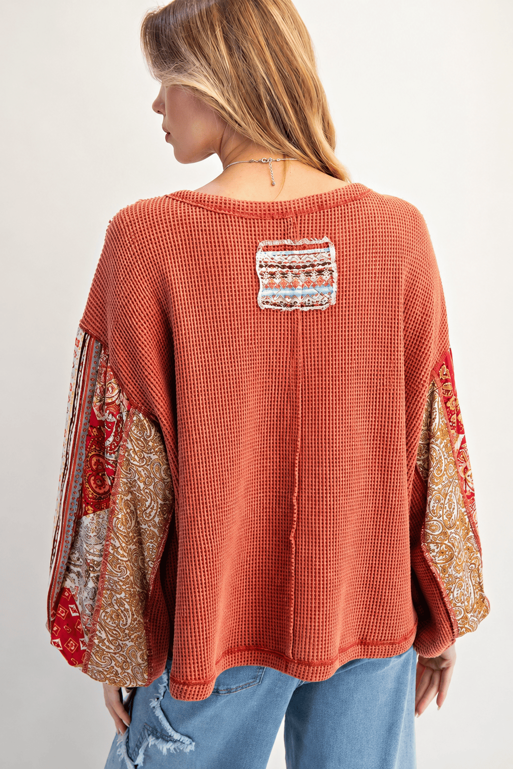 Waffle Knit Patchwork Sleeve Sweatshirt