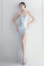 Iridescent Sequin Slit Bodycon Maxi Dress
