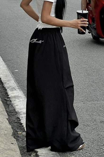 Contrast Waist Lace Trim Relaxed Long Pants