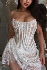 Strapless Lace Corset Sheer Mini Dress