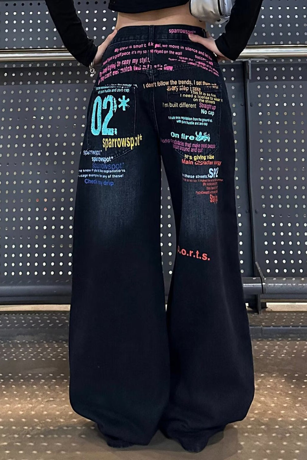 Colorful Slogan Printed Wide Leg Denim Jeans