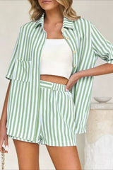 Button Down Striped Short Sleeve Blouse Shorts Set
