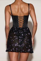 3D Floral Sequin Satin Bodycon Spaghetti Strap Mini Dress