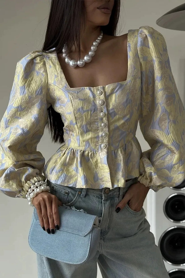Floral Jacquard Square Neck Peplum Blouse Main image