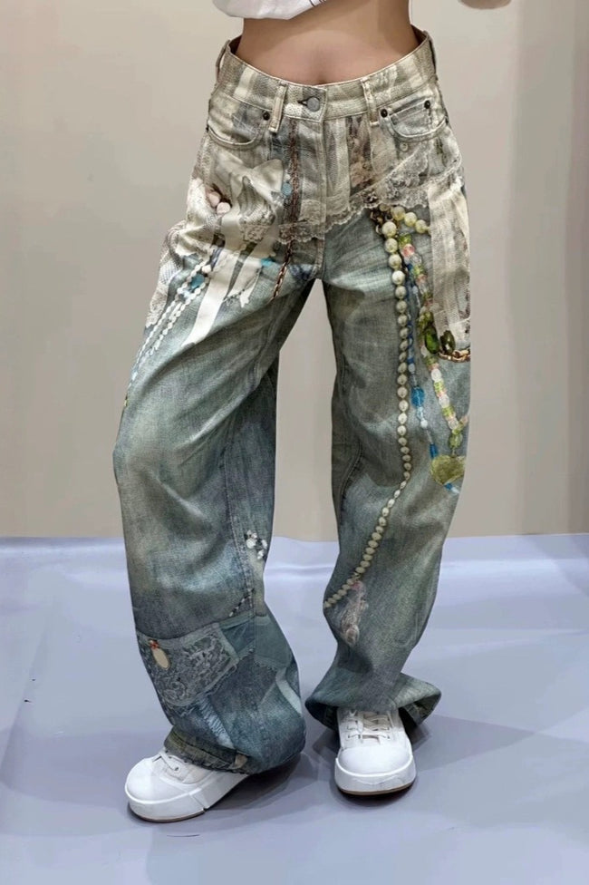 Lace Pearl Chain Printed Vintage Washed Casual Jeans Main image