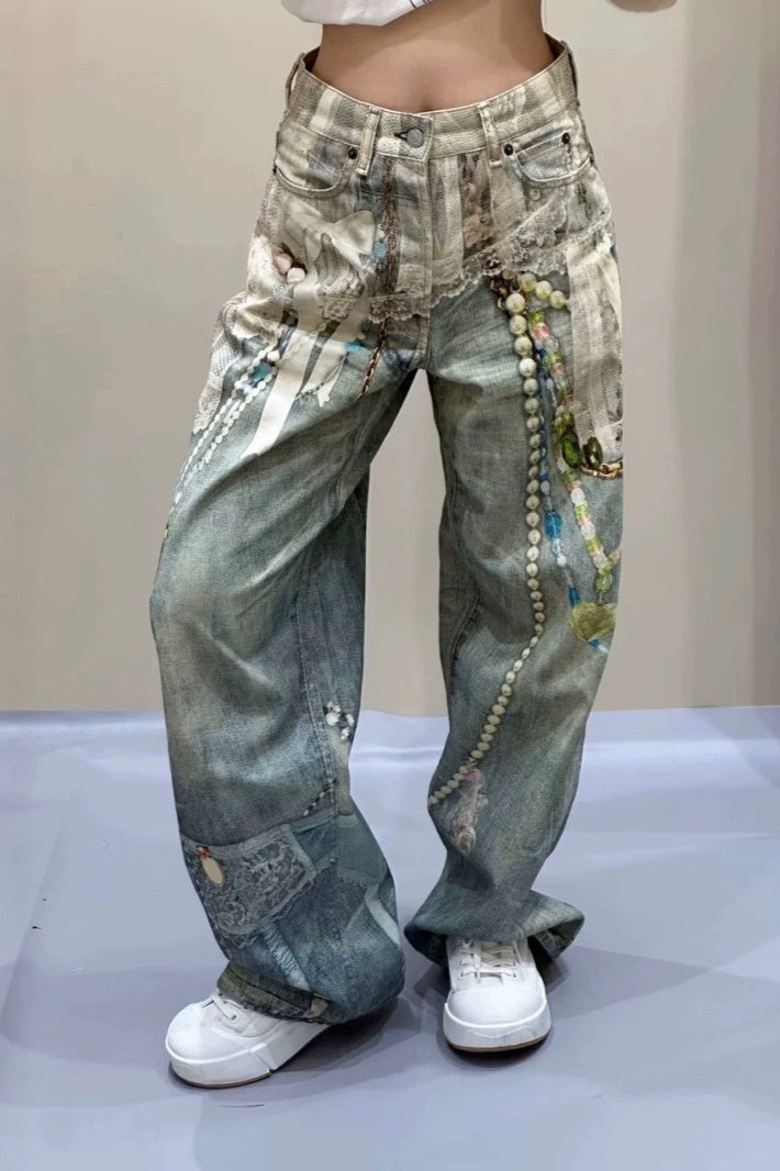 Lace Pearl Chain Printed Vintage Washed Casual Jeans Main image