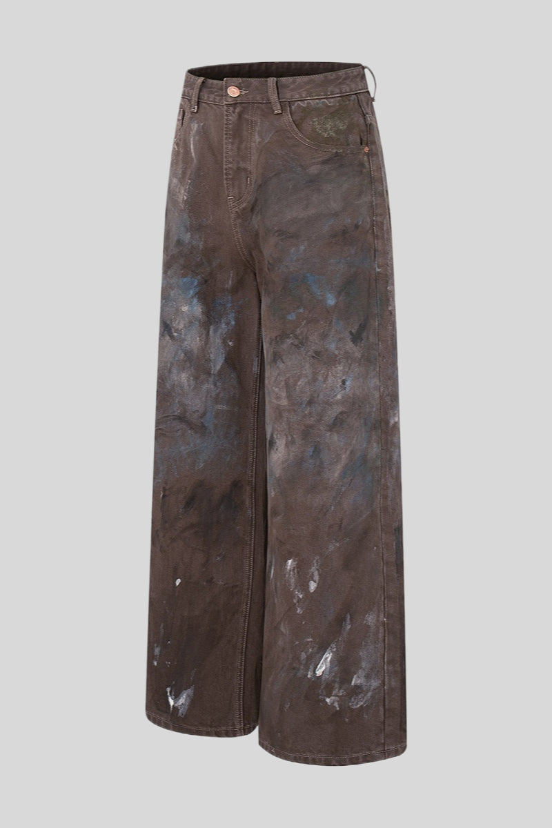Dirty Wash Paint Splatter Wide Leg Jeans